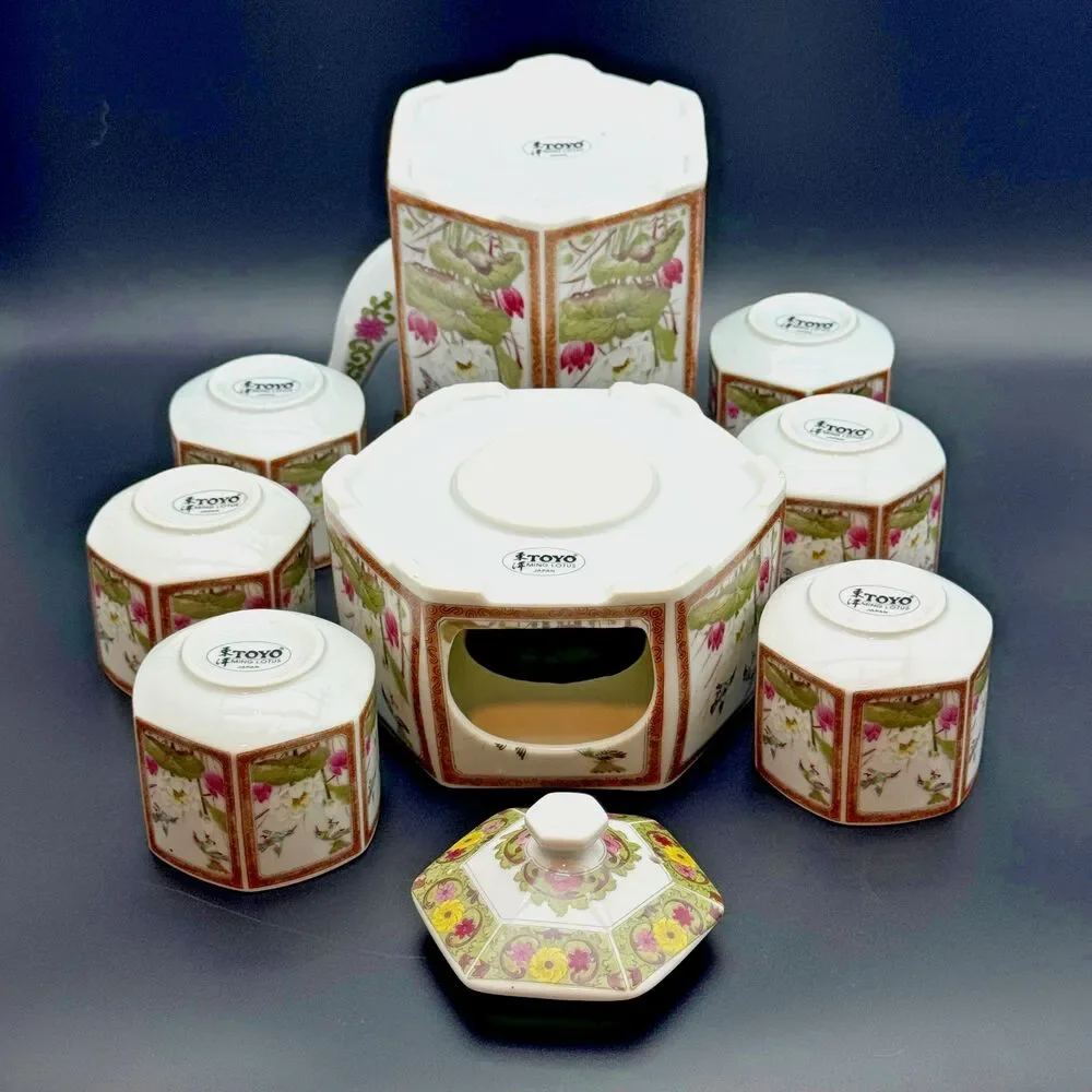 Toyo Ming Lotus Japan Porcelain Tea Warmer Set Teapot 6 Cups Hexagon Chinoiserie